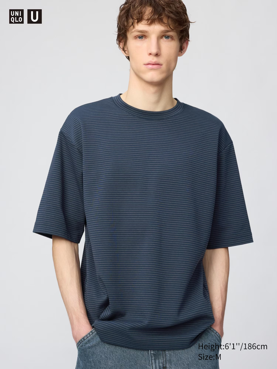 AIRism Cotton Oversized Crew Neck T-Shirt (Striped) Navy