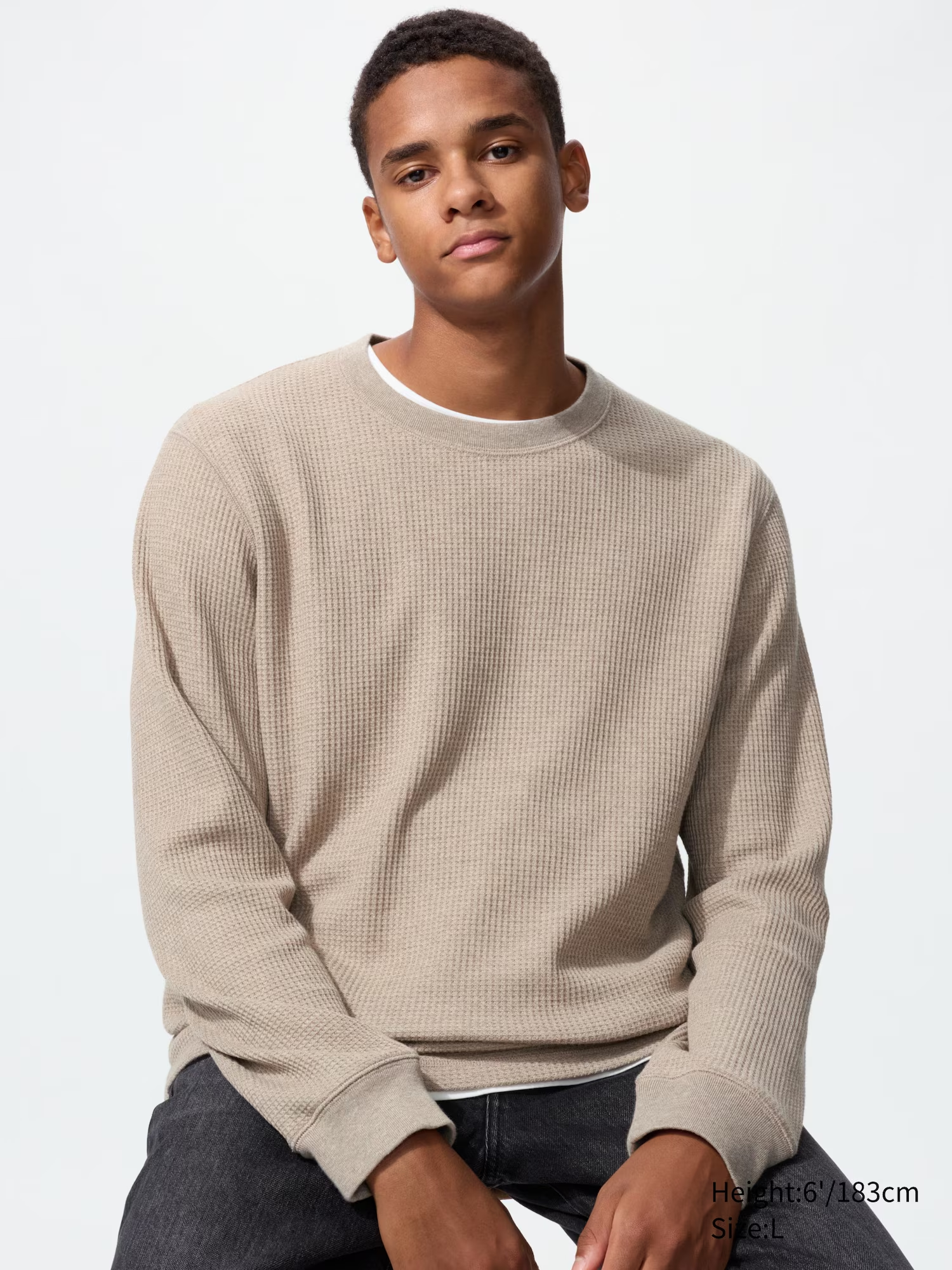 Waffle Crew Neck T-Shirt (Long Sleeve) Beige