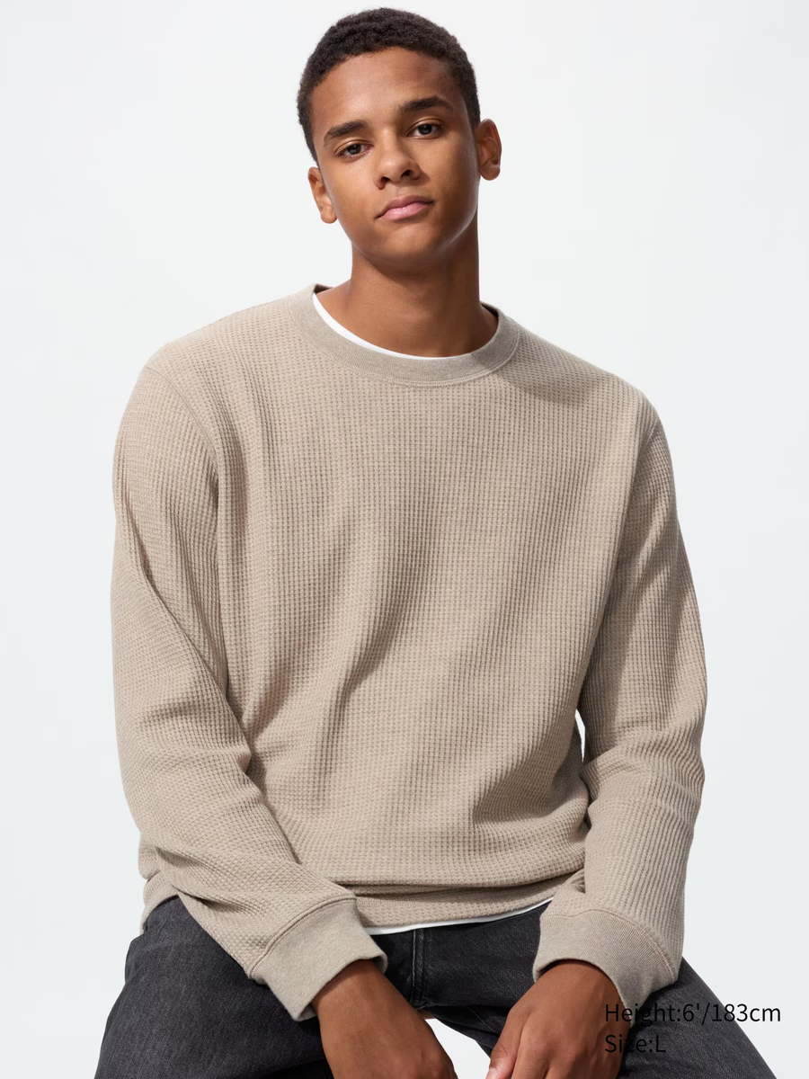 Waffle Crew Neck T-Shirt (Long Sleeve) Beige