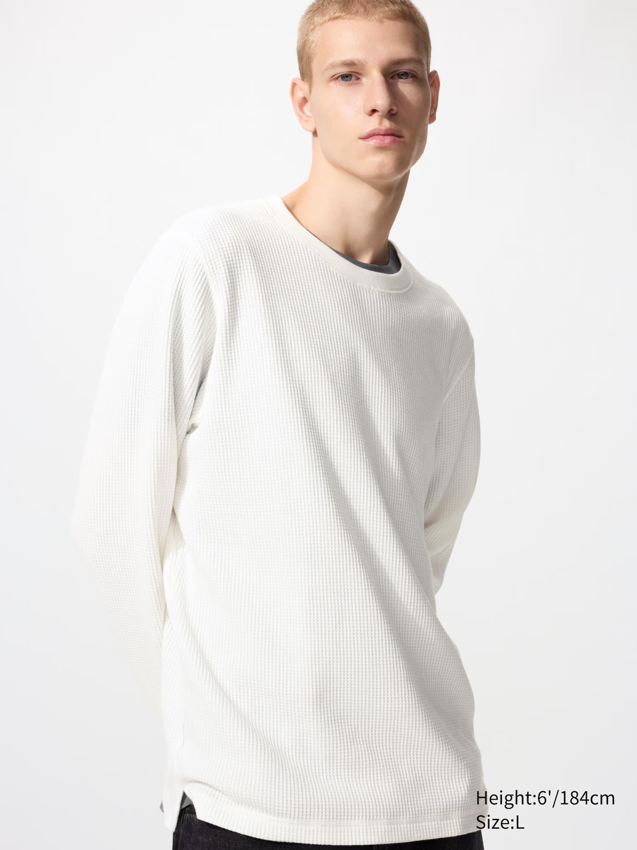 Waffle Crew Neck T-Shirt (Long Sleeve) White