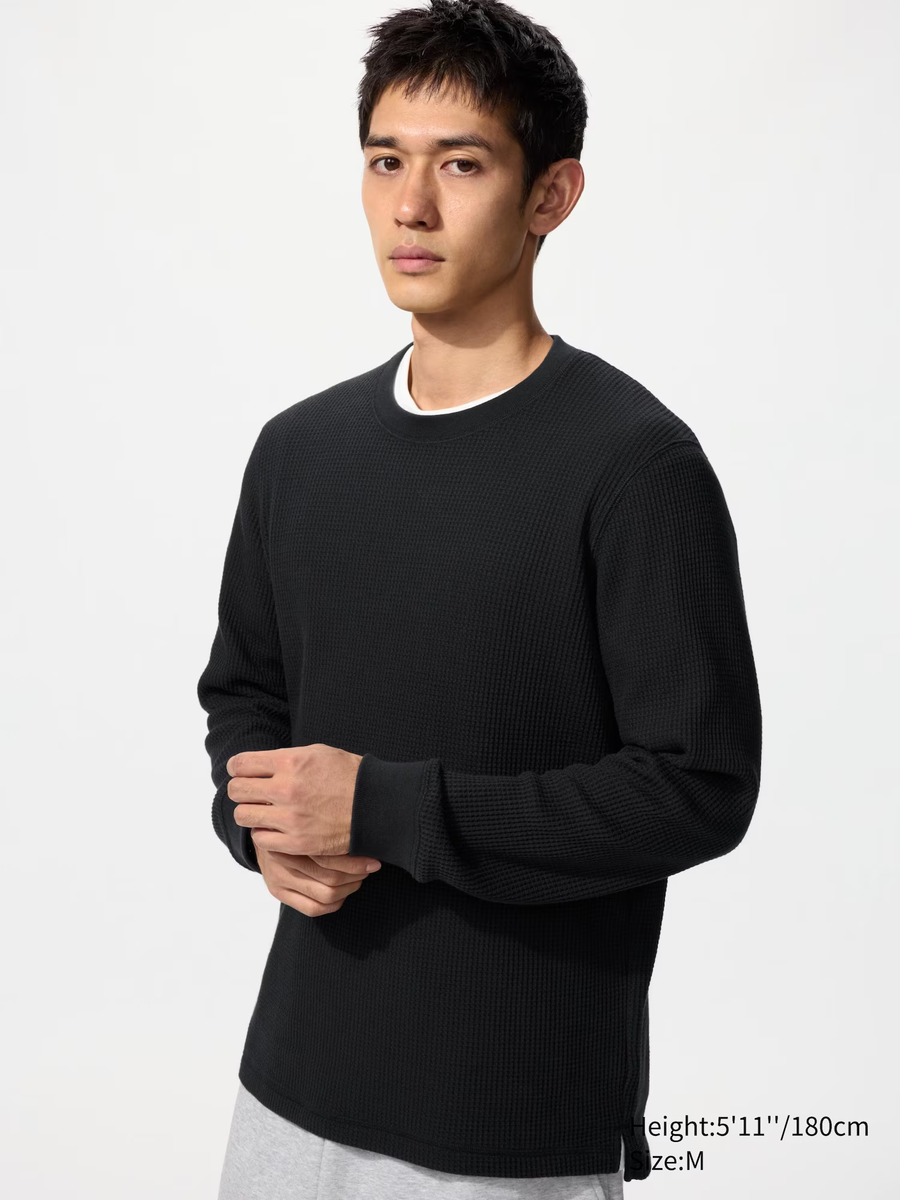 Waffle Crew Neck T-Shirt (Long Sleeve) Black