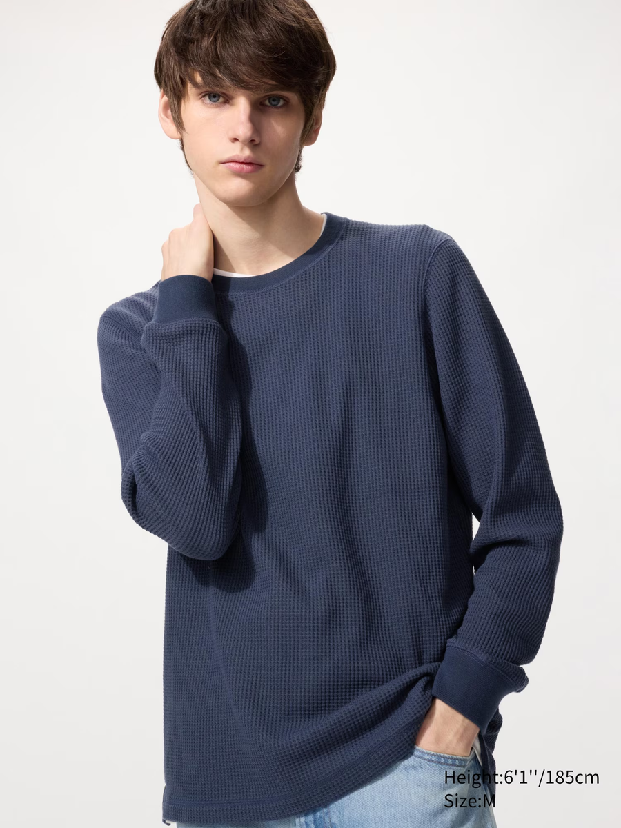 Waffle Crew Neck T-Shirt (Long Sleeve) Navy Blue