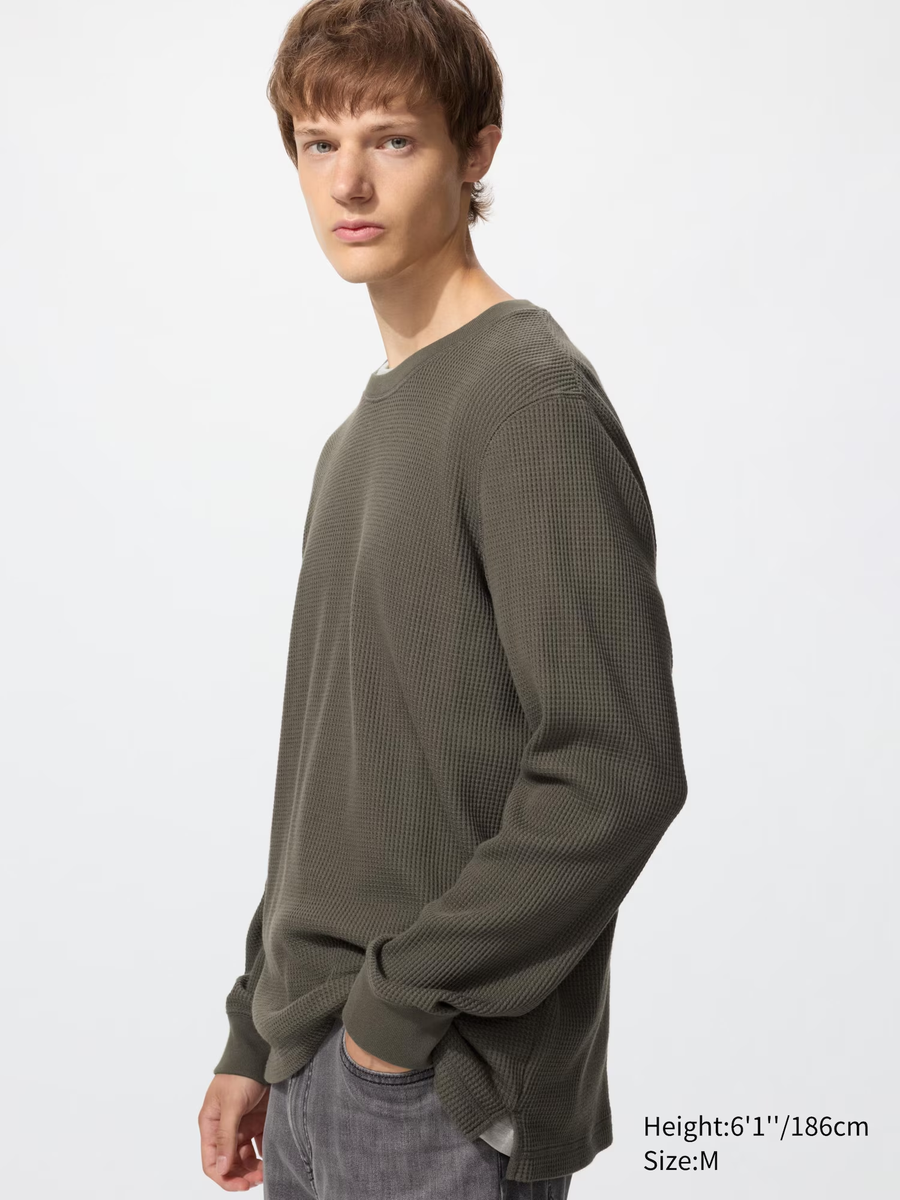 Waffle Crew Neck T-Shirt (Long Sleeve) Olive Green