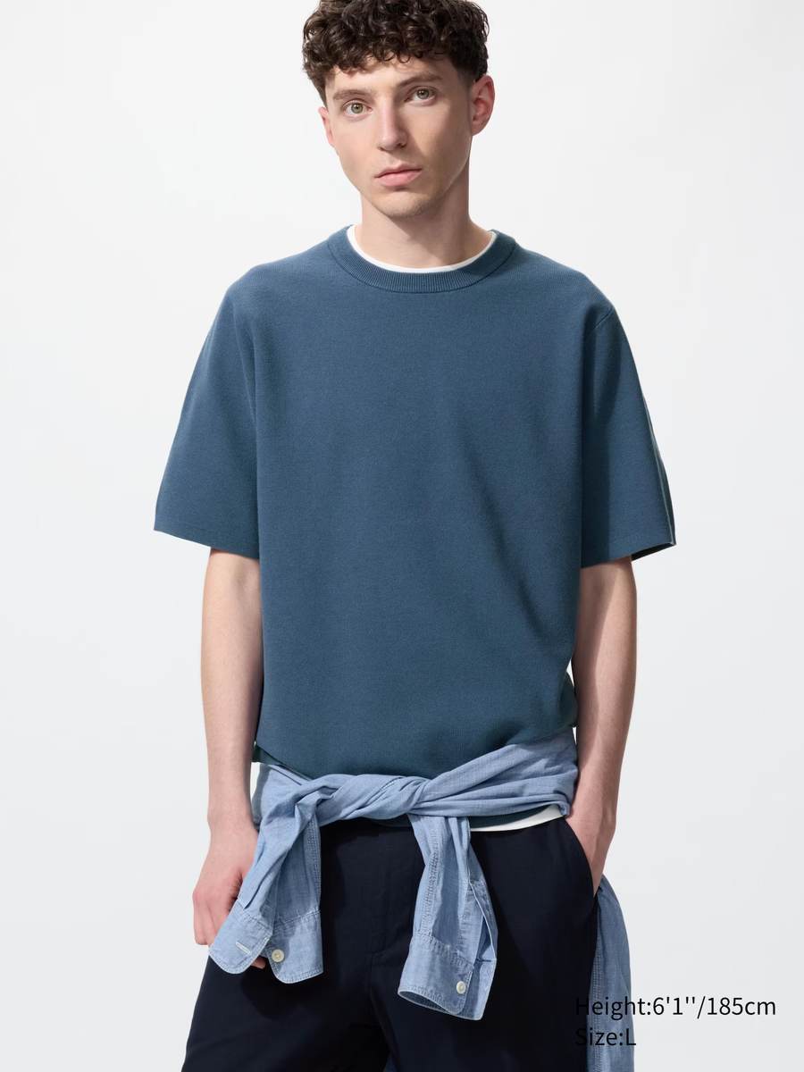 Washable Milano Ribbed Knitted T-Shirt Blue
