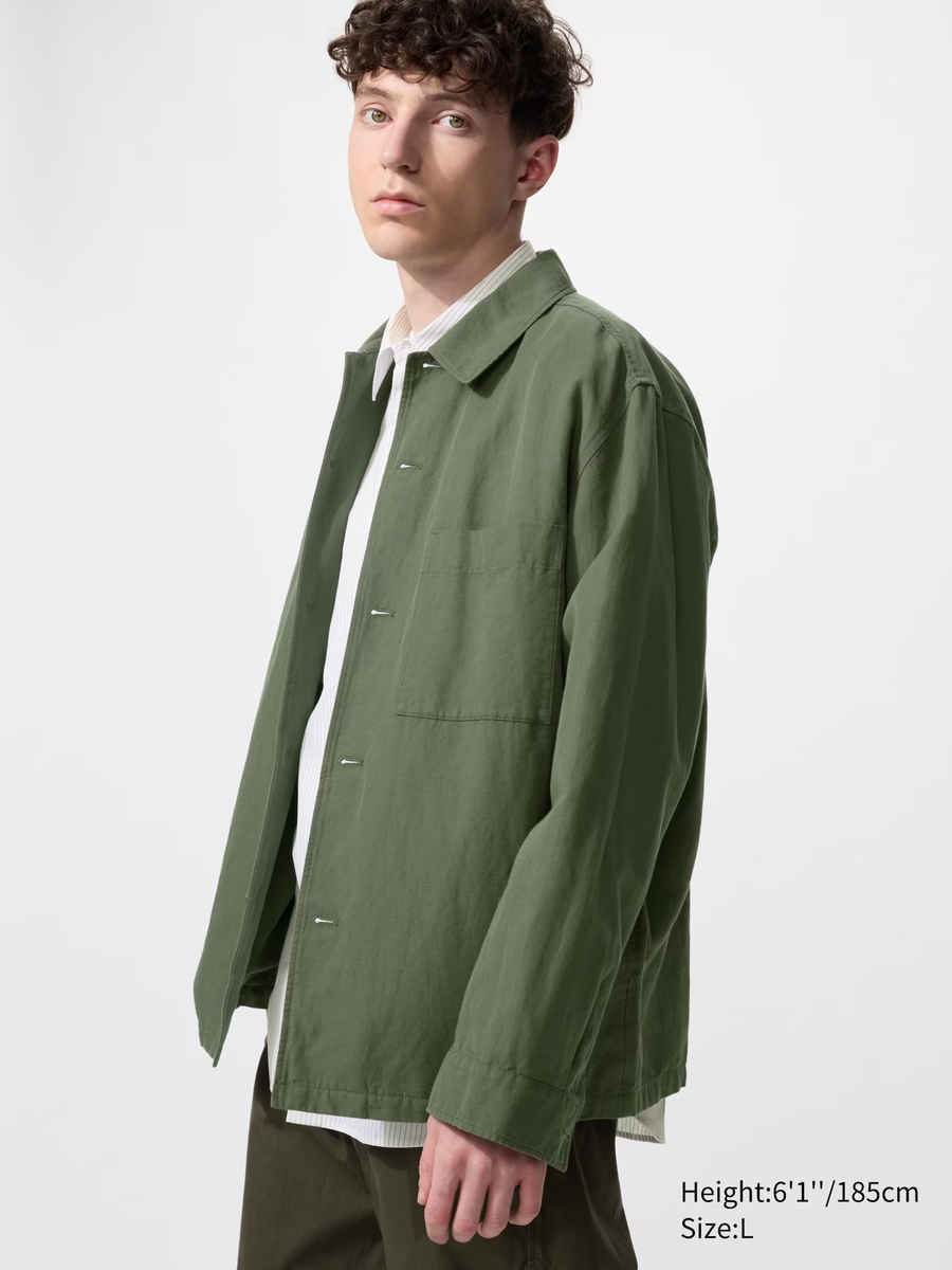 Cotton Linen Blend Shirt Jacket Olive