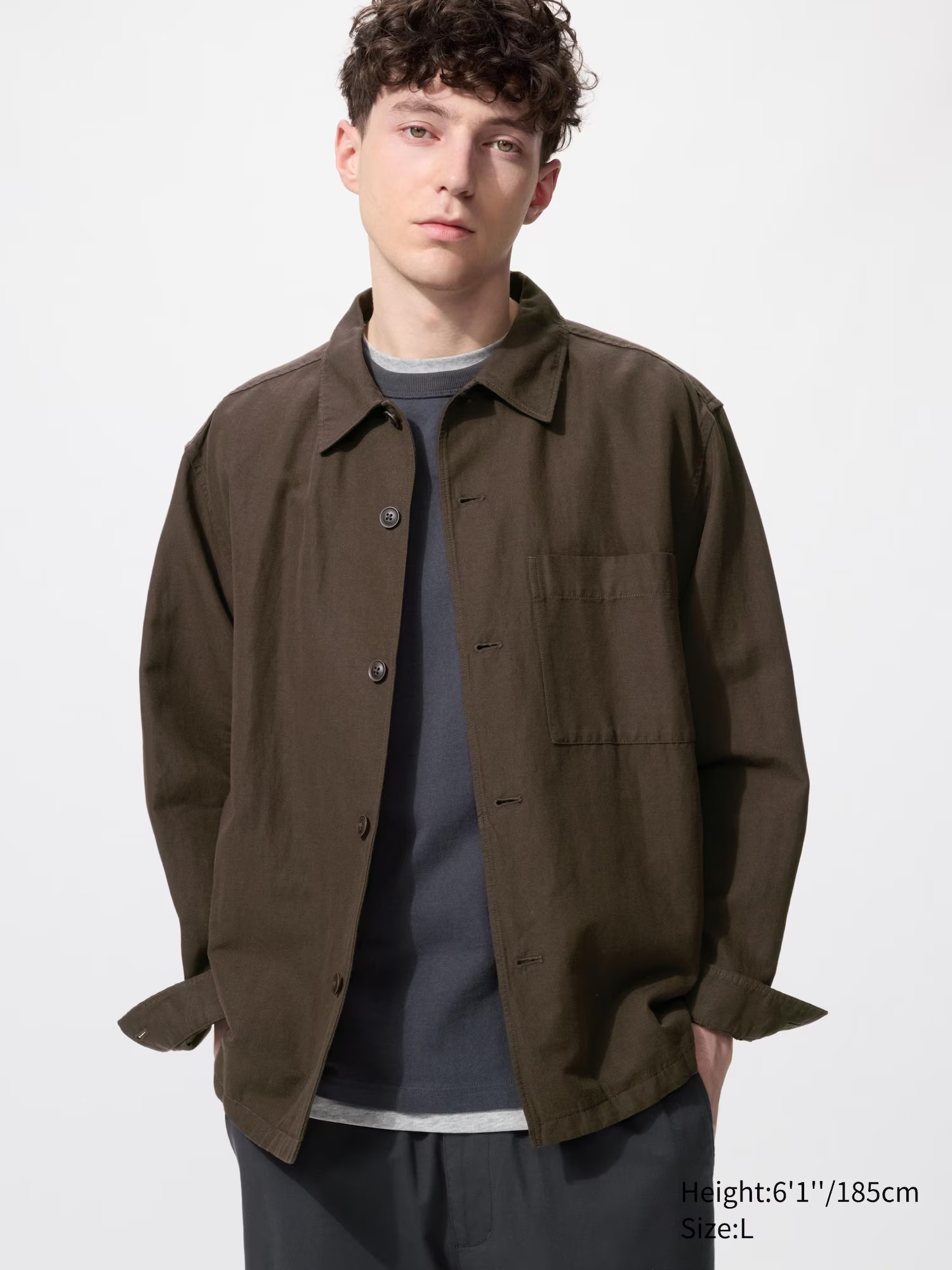 Cotton Linen Blend Shirt Jacket Dark Brown