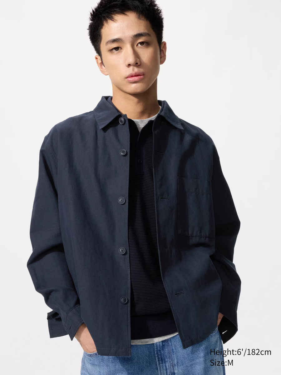 Cotton Linen Blend Shirt Jacket Navy