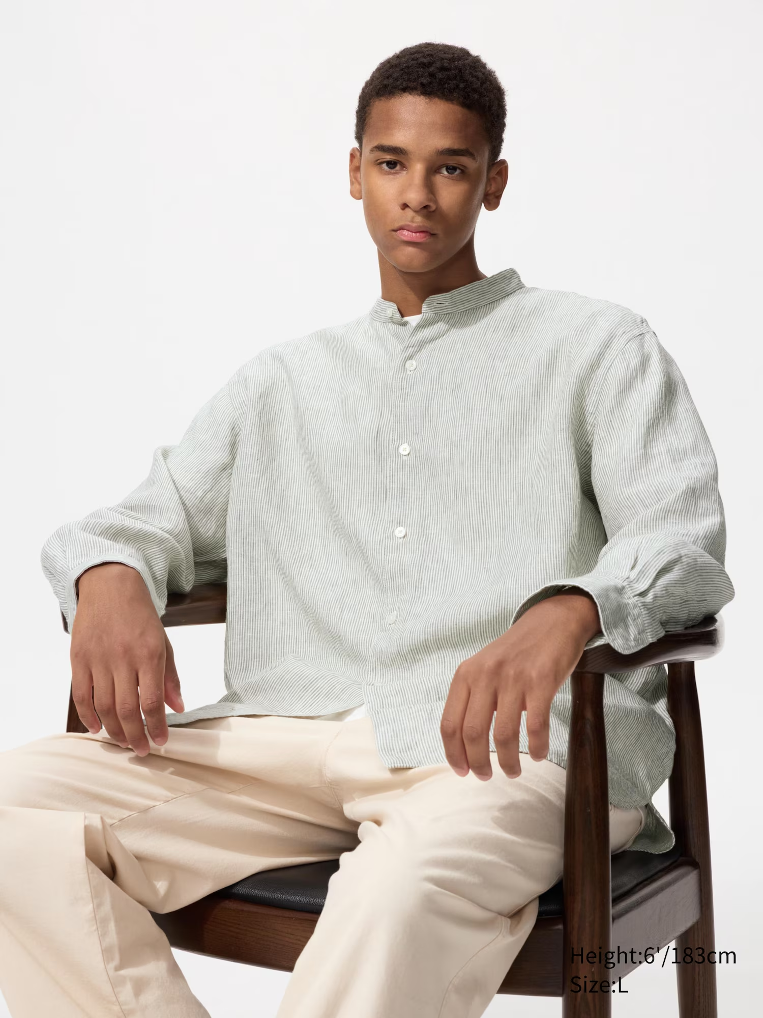 100% Premium Linen Shirt (Stand Collar, Striped) Green
