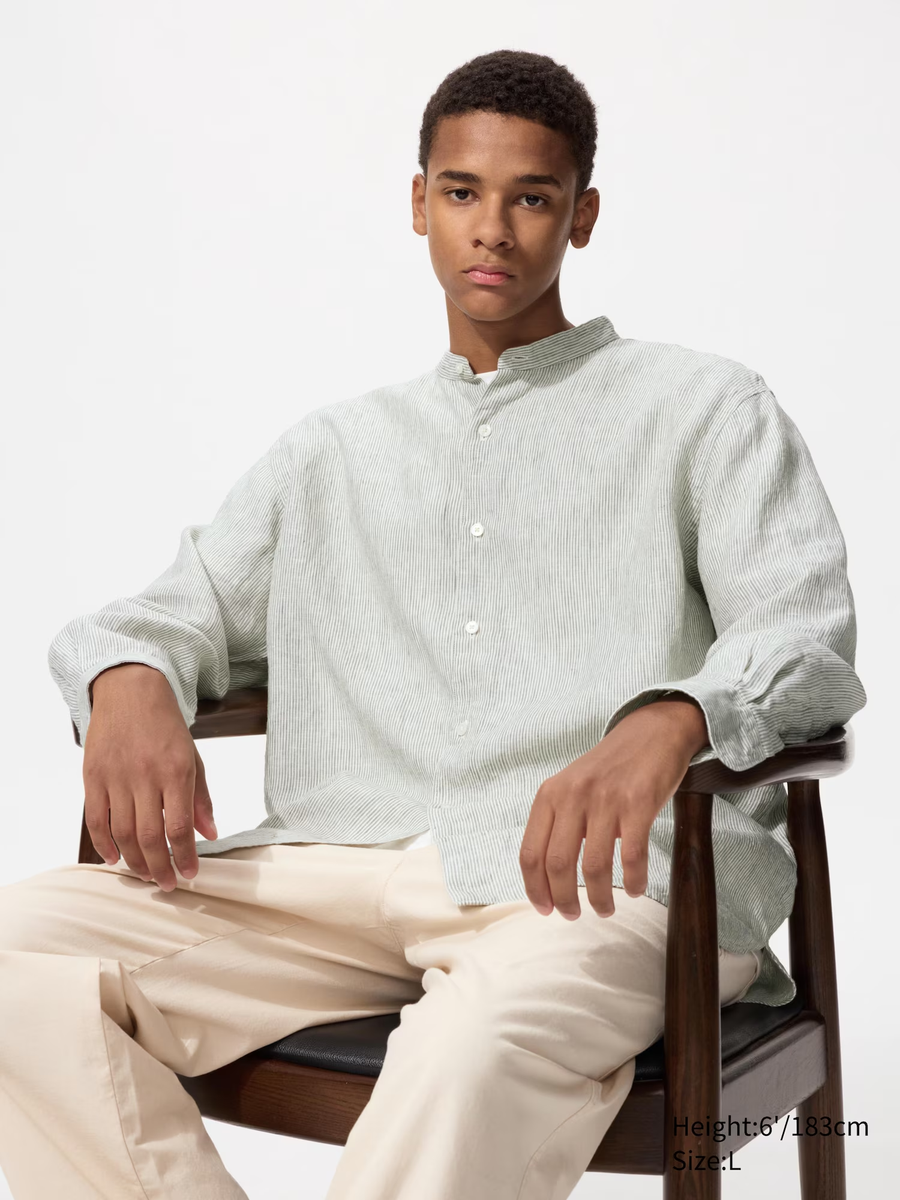 100% Premium Linen Shirt (Stand Collar, Striped) Green