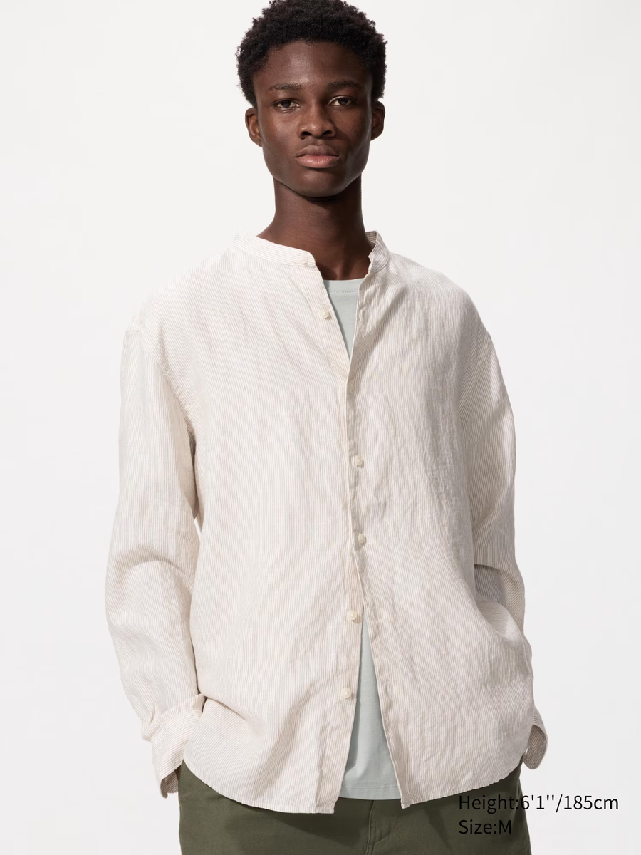 100% Premium Linen Shirt (Stand Collar, Striped) Beige