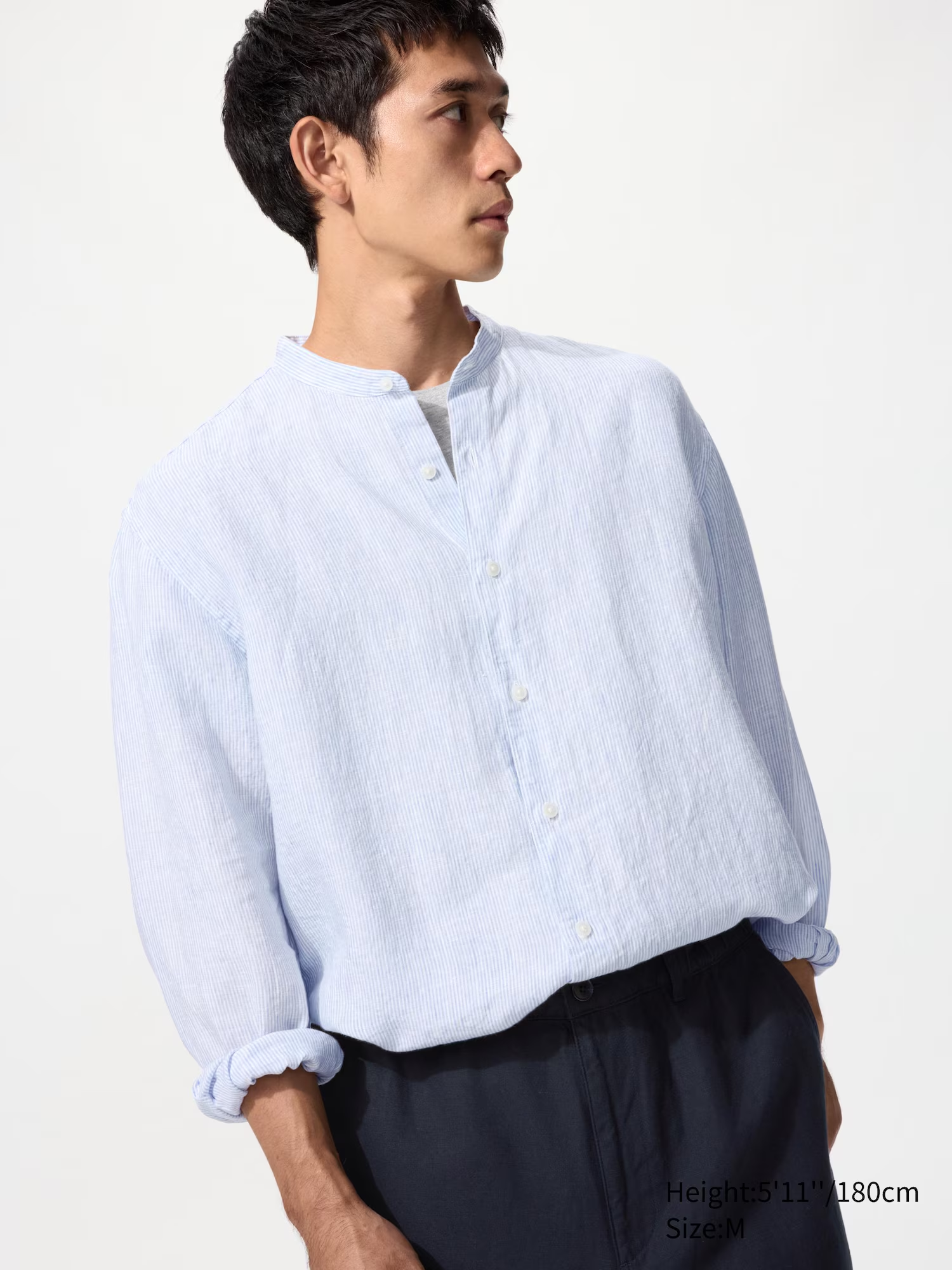 100% Premium Linen Shirt (Stand Collar, Striped) Blue