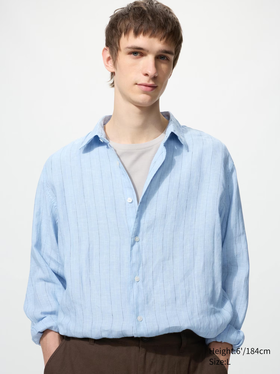 100% Premium Linen Shirt (Striped) Blue