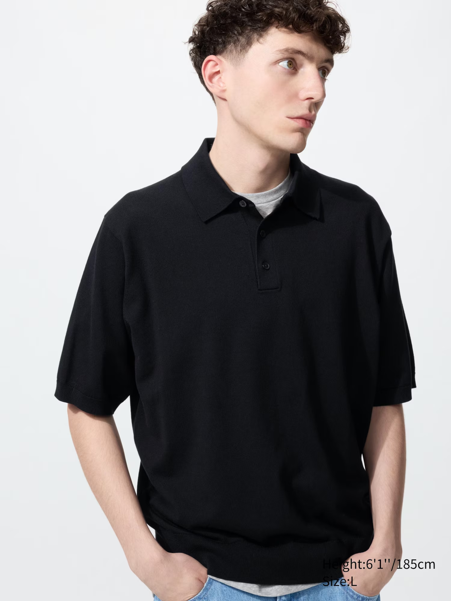 Washable Knit Polo Jumper (Short Sleeve) Black