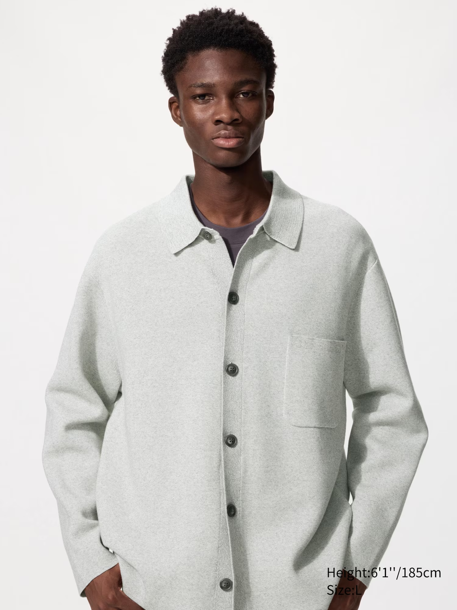 Milano Ribbed Shirt Collar Cardigan Light Grey