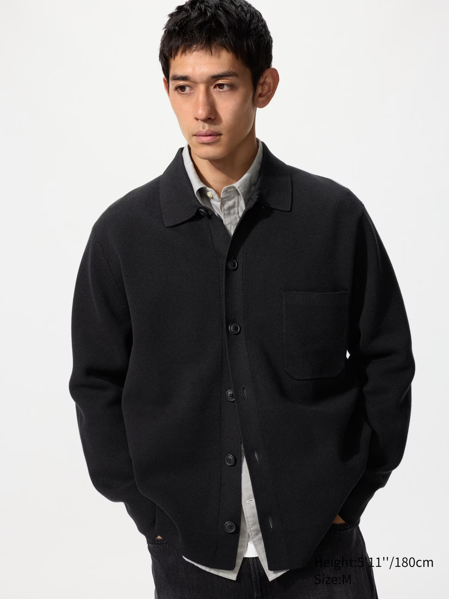 Milano Ribbed Shirt Collar Cardigan Black