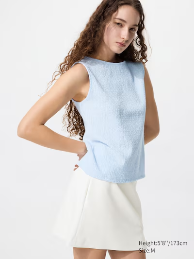 Shirring Boat Neck T-Shirt (Sleeveless)