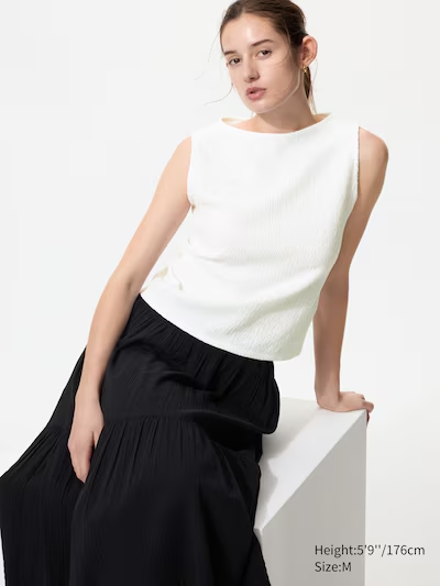 Shirring Boat Neck T-Shirt (Sleeveless)