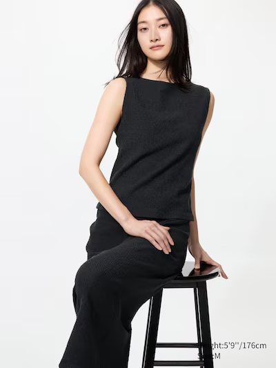 Shirring Boat Neck T-Shirt (Sleeveless)